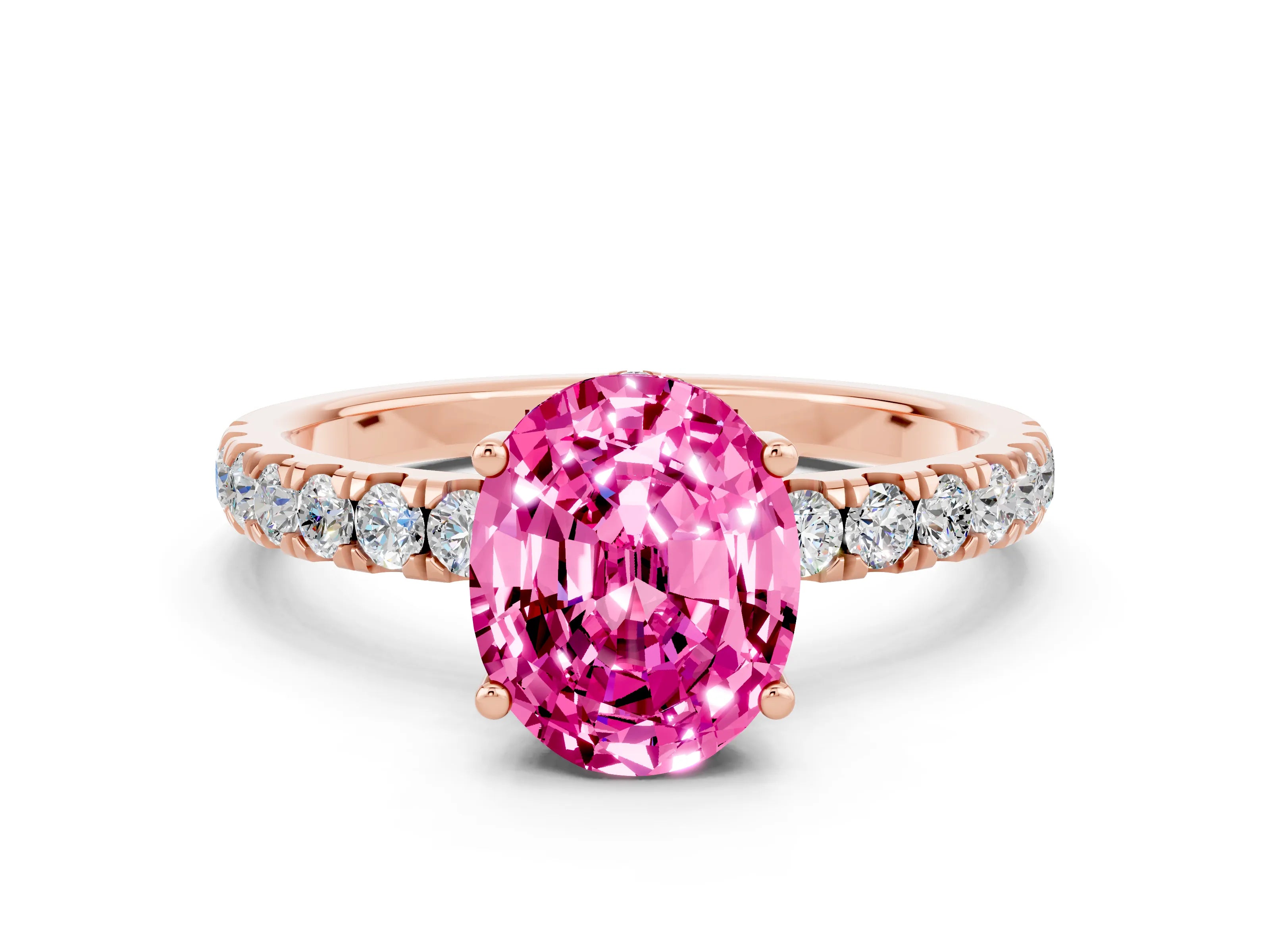 Rose gold Oval Cut Pink Sapphire Pave Band Solitaire Ring with Four-Prong Setting_60