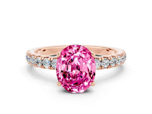 Rose gold Oval Cut Pink Sapphire Pave Band Solitaire Ring with Round  and Prong Setting