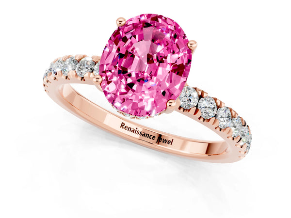 Rose gold Oval Cut Pink Sapphire Pave Band Solitaire Ring with Round  and Prong Setting