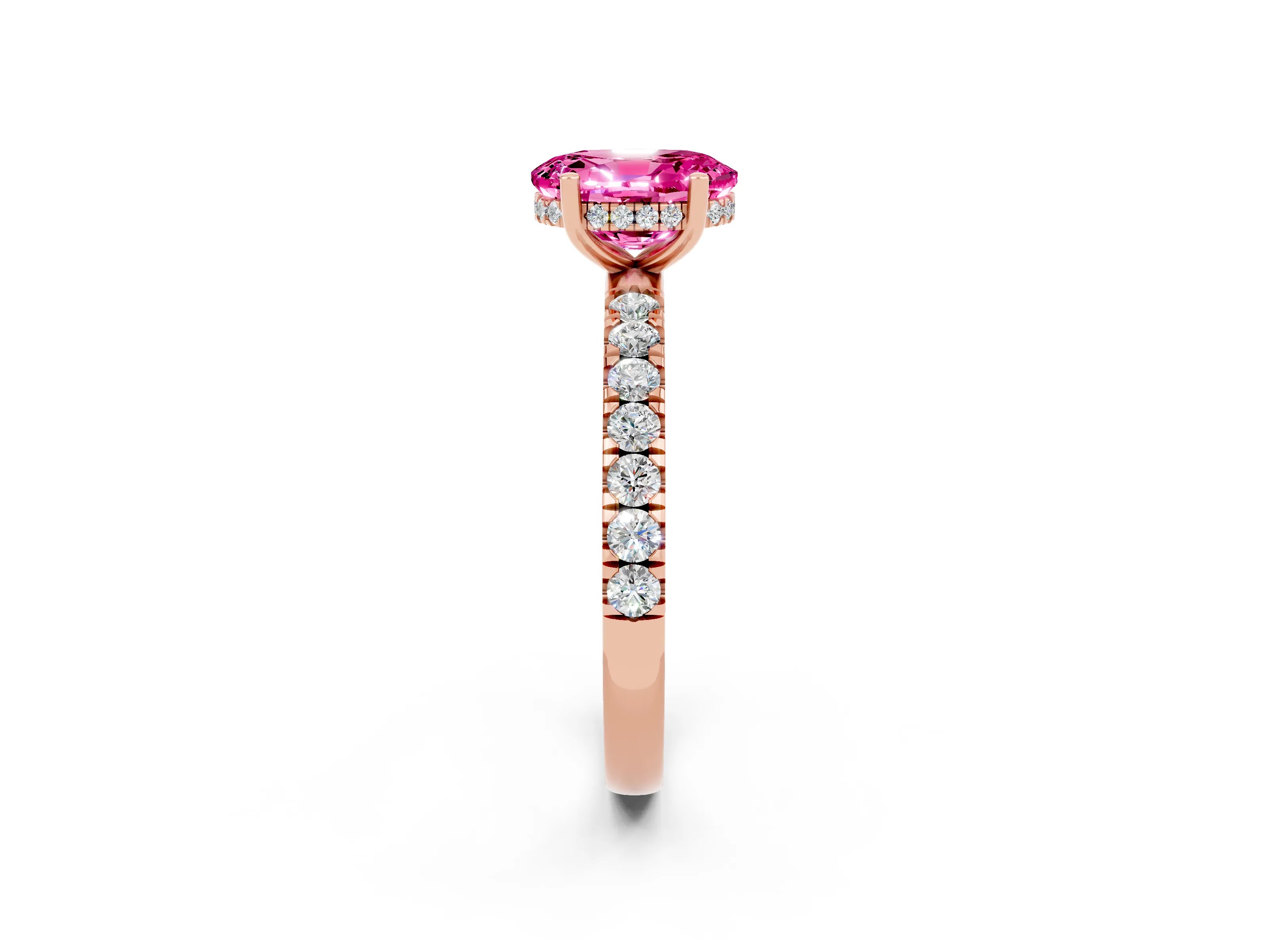 Rose gold Oval Cut Pink Sapphire Pave Band Solitaire Ring with Four-Prong Setting_62