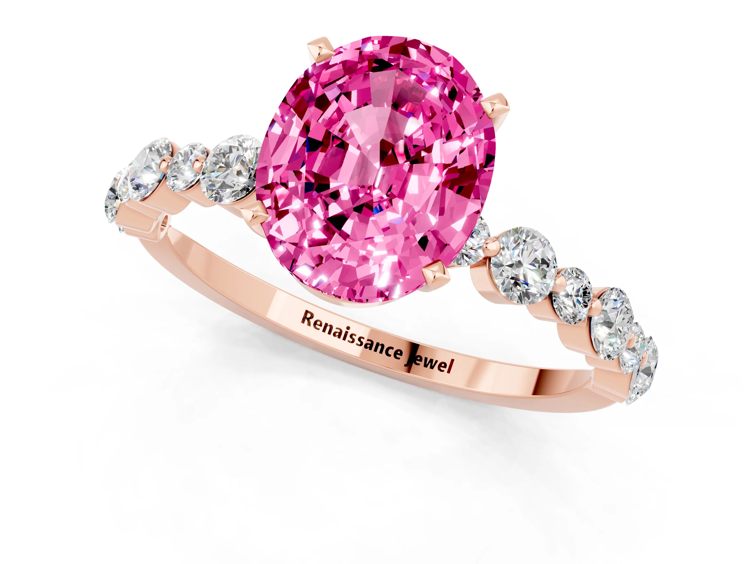 Rose gold Oval Cut Pink Sapphire Prong Set Engagement Ring with Pavé Band_13