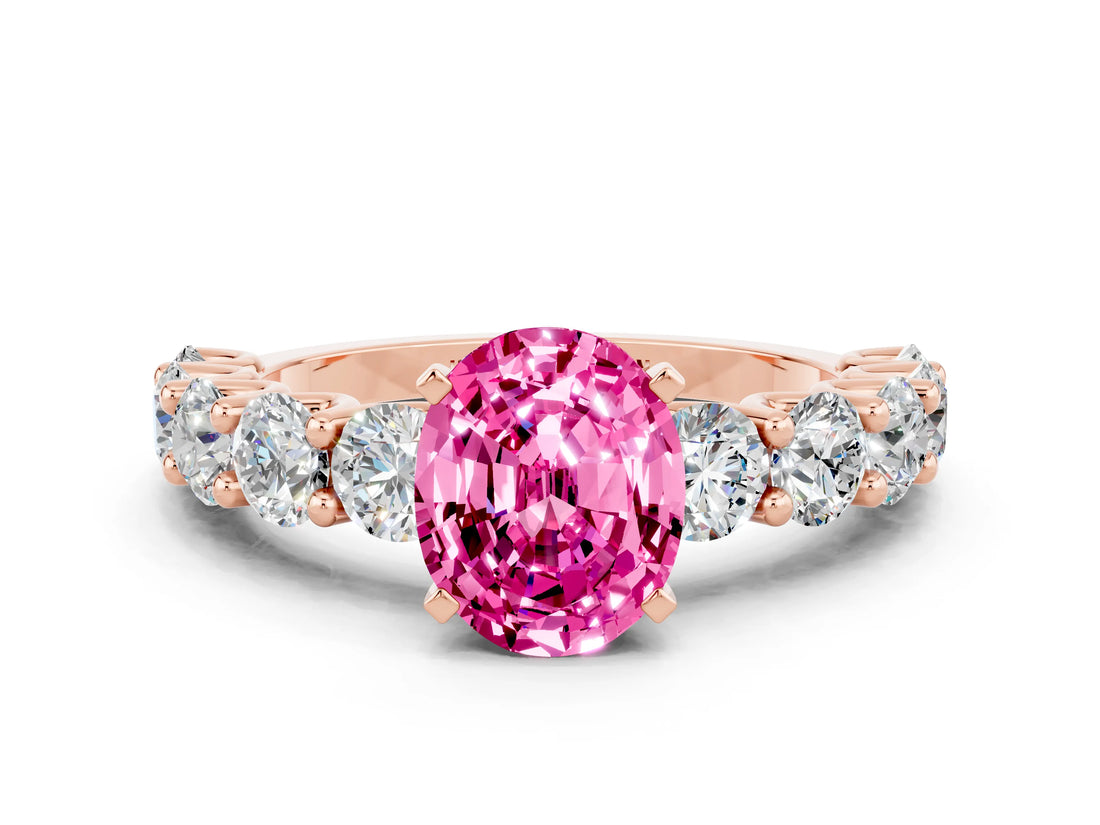Rose gold Oval Cut Pink Sapphire Prong Setting with Side Stones on a Pave Band_24