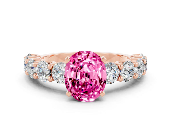 Rose gold Oval Cut Pink Sapphire Prong Setting with Side Stones on a Pave Band