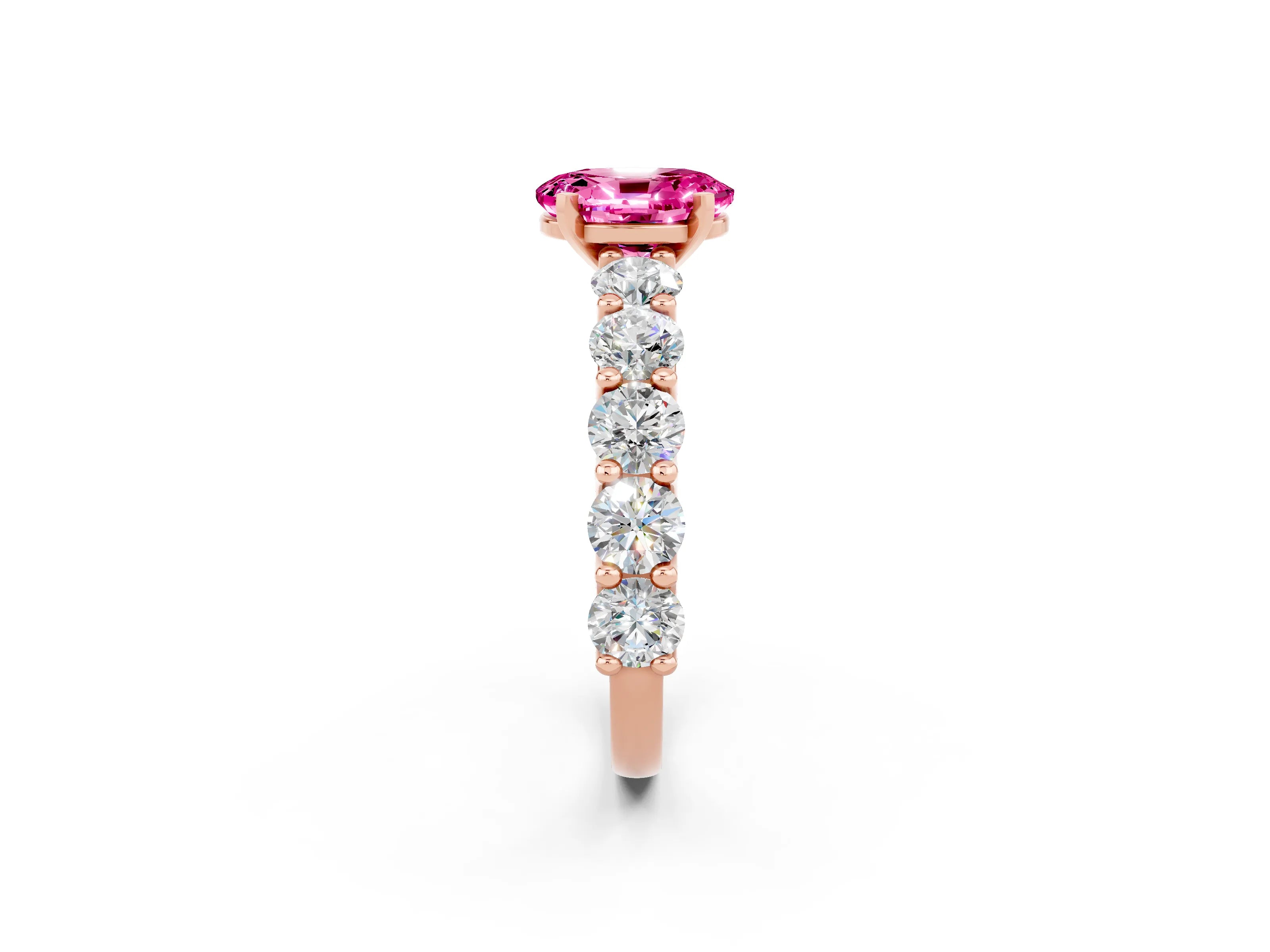 Rose gold Oval Cut Pink Sapphire Prong Setting with Side Stones on a Pave Band_26