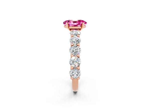 Rose gold Oval Cut Pink Sapphire Prong Setting with Side Stones on a Pave Band