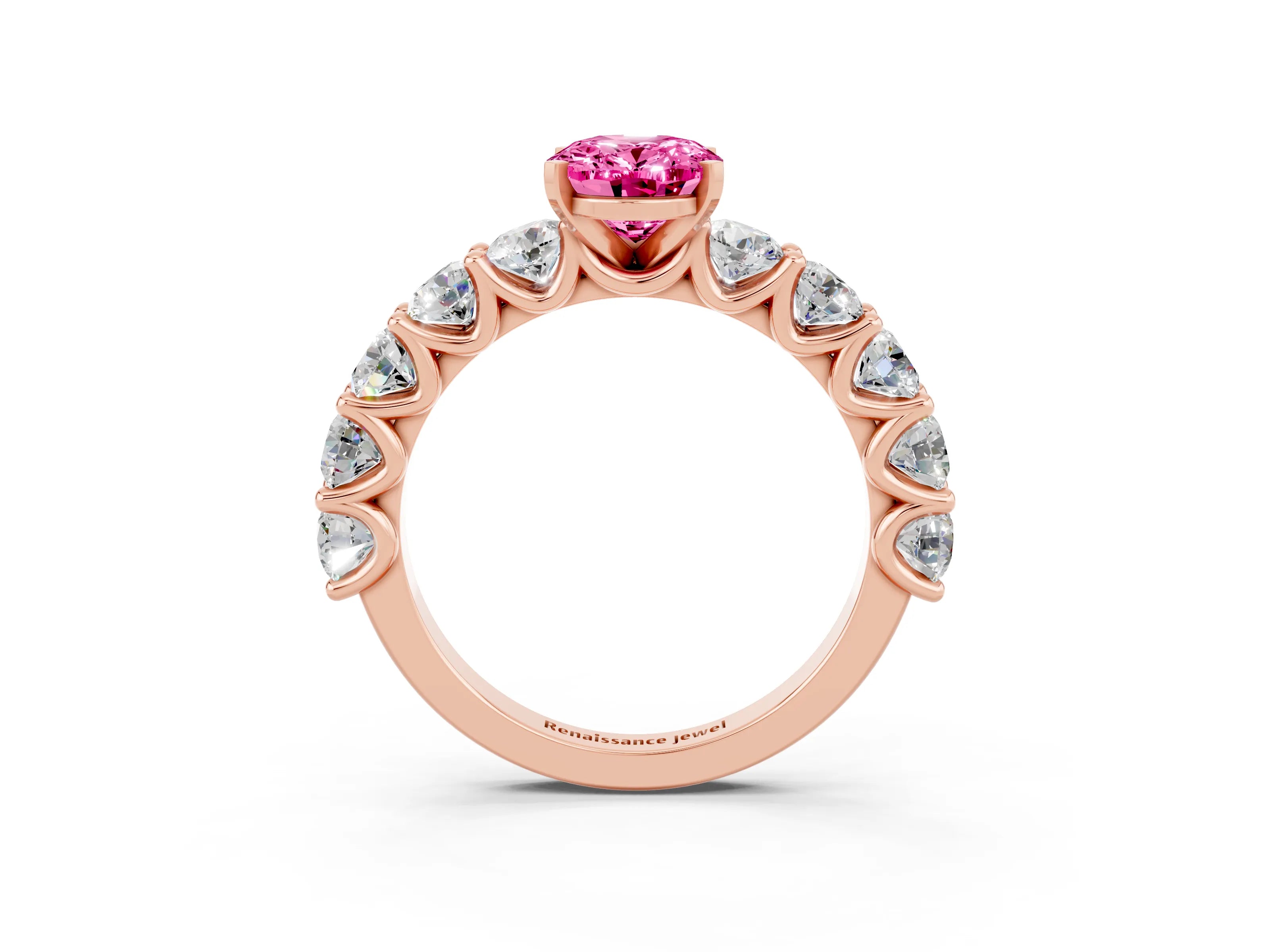 Rose gold Oval Cut Pink Sapphire Prong Setting with Side Stones on a Pave Band_27