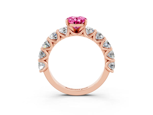 Rose gold Oval Cut Pink Sapphire Prong Setting with Side Stones on a Pave Band