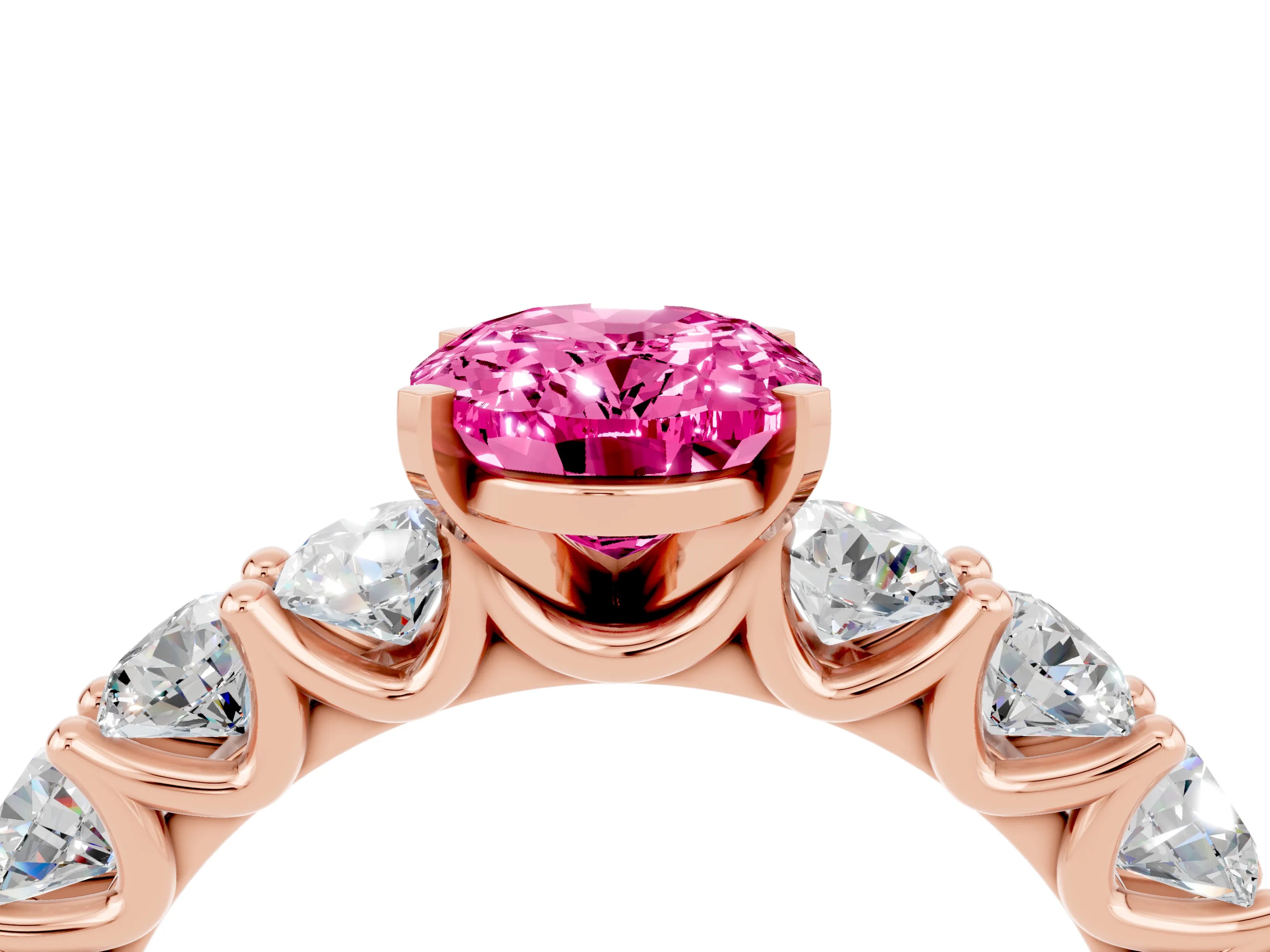 Rose gold Oval Cut Pink Sapphire Prong Setting with Side Stones on a Pave Band_28