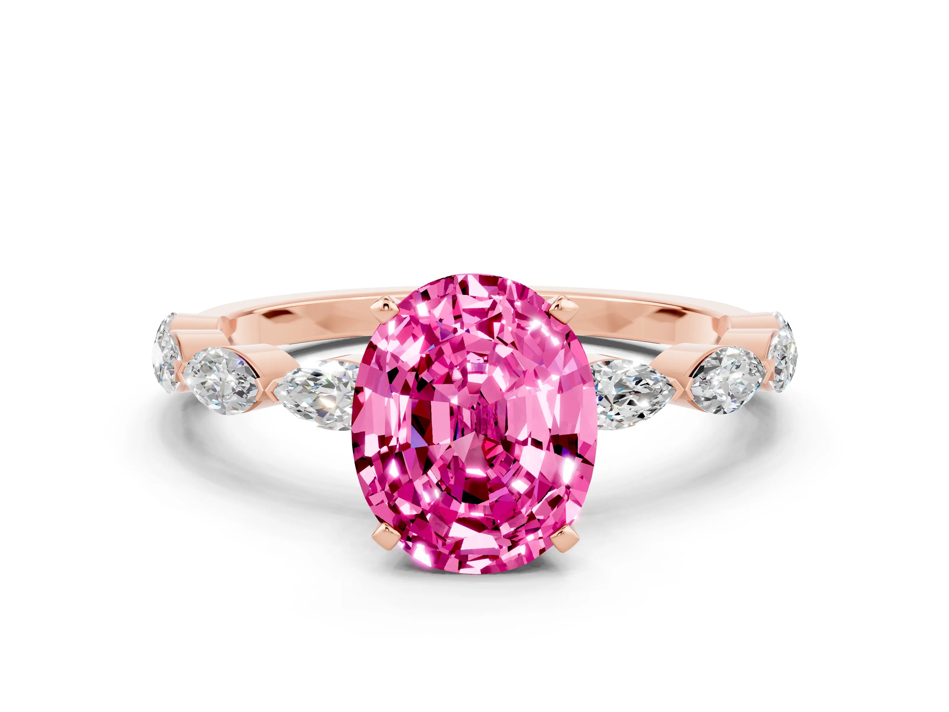 Rose gold Oval Cut Pink Sapphire Ring with Marquise Side Stones and Prong Setting_12