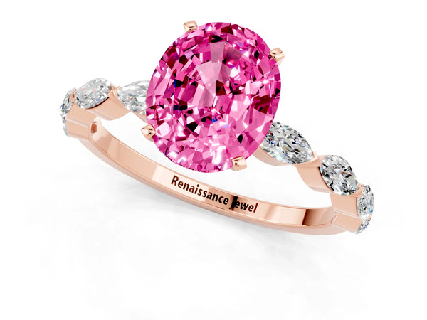 Rose gold Oval Cut Pink Sapphire Ring with Marquise Side Stones and Prong Setting