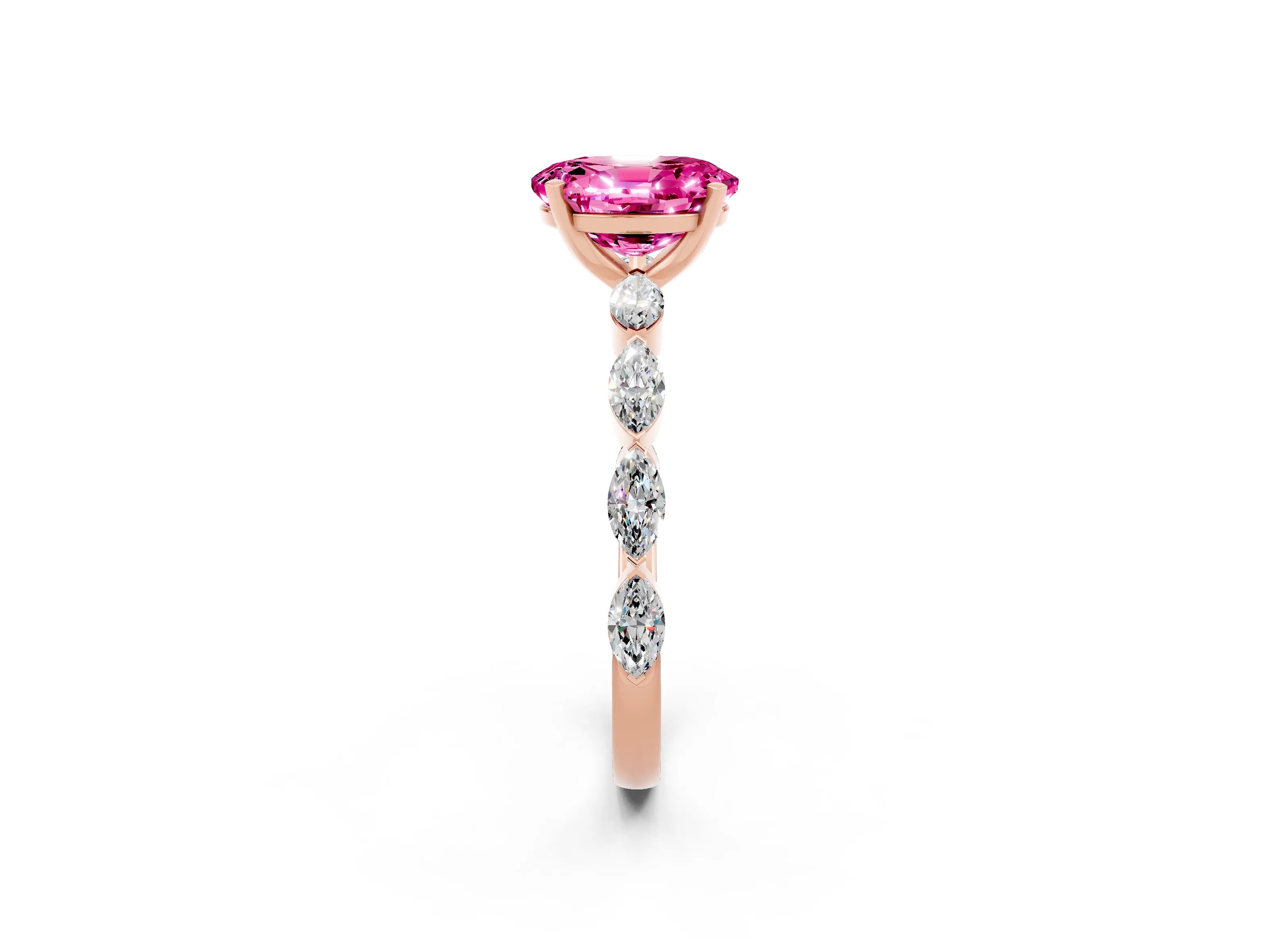 Rose gold Oval Cut Pink Sapphire Ring with Marquise Side Stones and Prong Setting_14