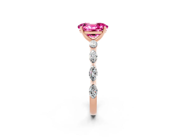 Rose gold Oval Cut Pink Sapphire Ring with Marquise Side Stones and Prong Setting