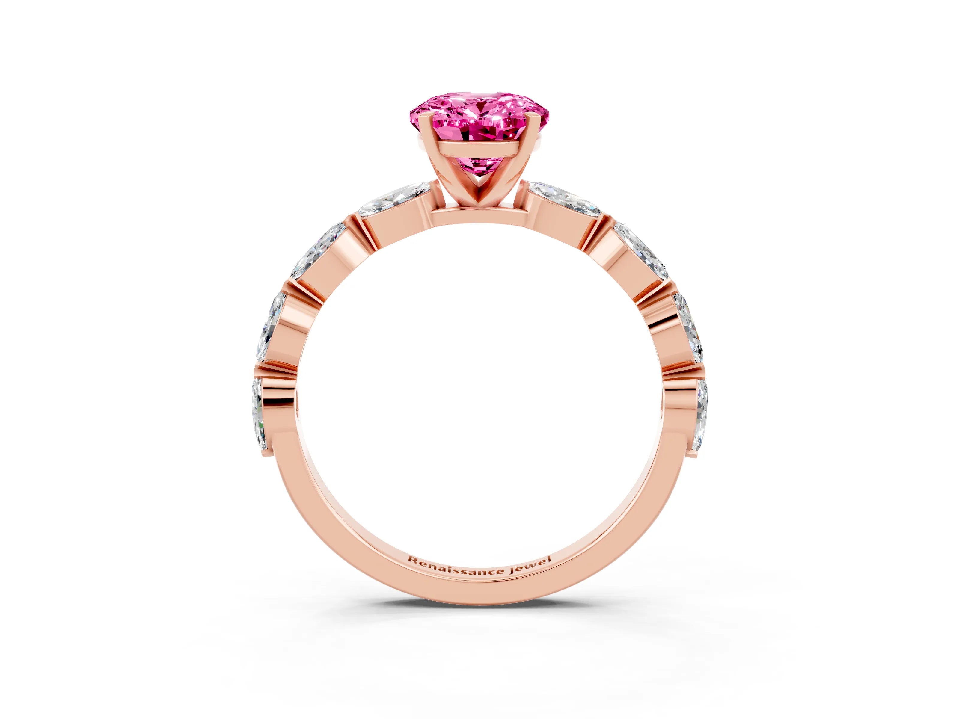 Rose gold Oval Cut Pink Sapphire Ring with Marquise Side Stones and Prong Setting_15