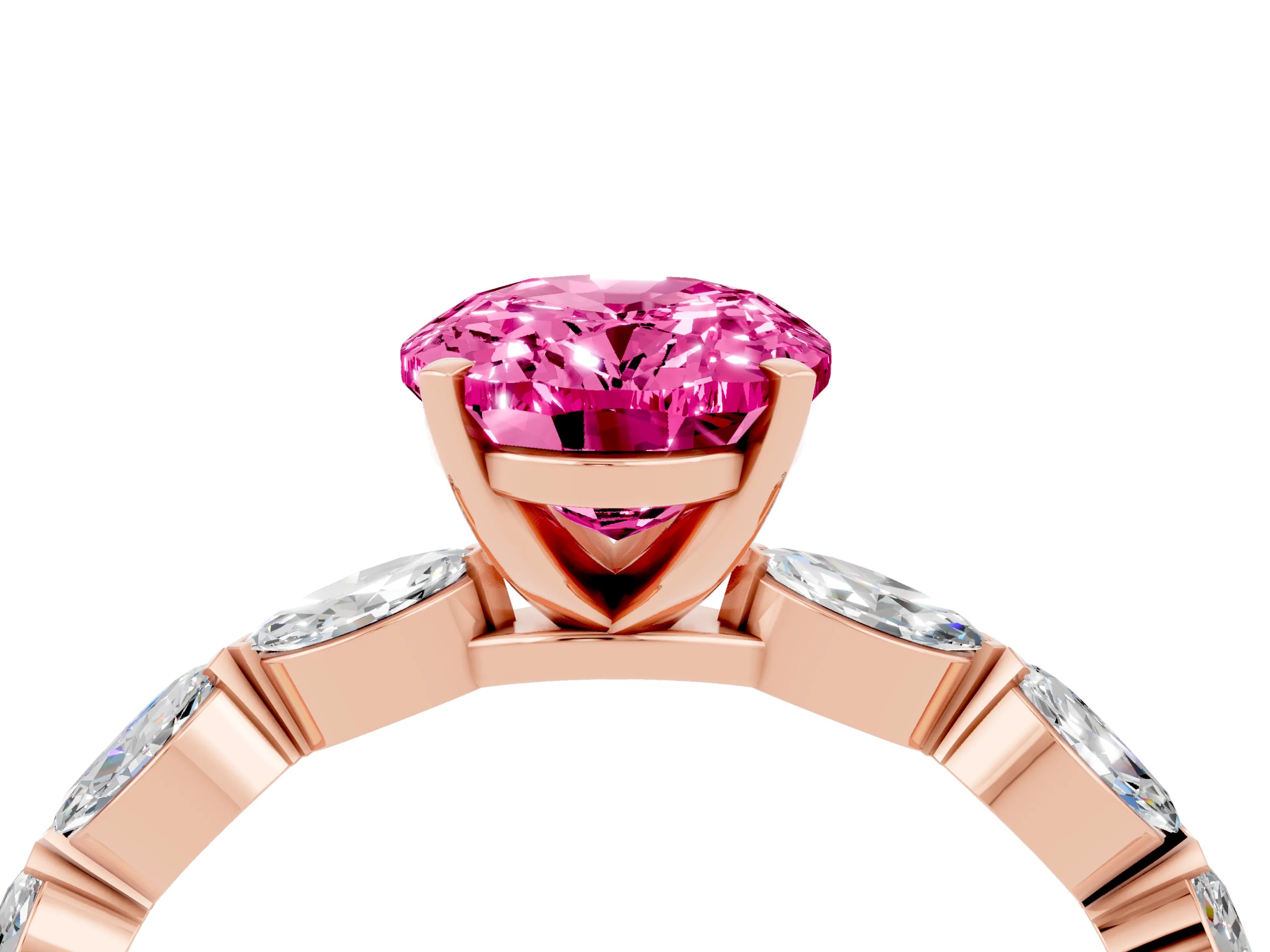 Rose gold Oval Cut Pink Sapphire Ring with Marquise Side Stones and Prong Setting_16