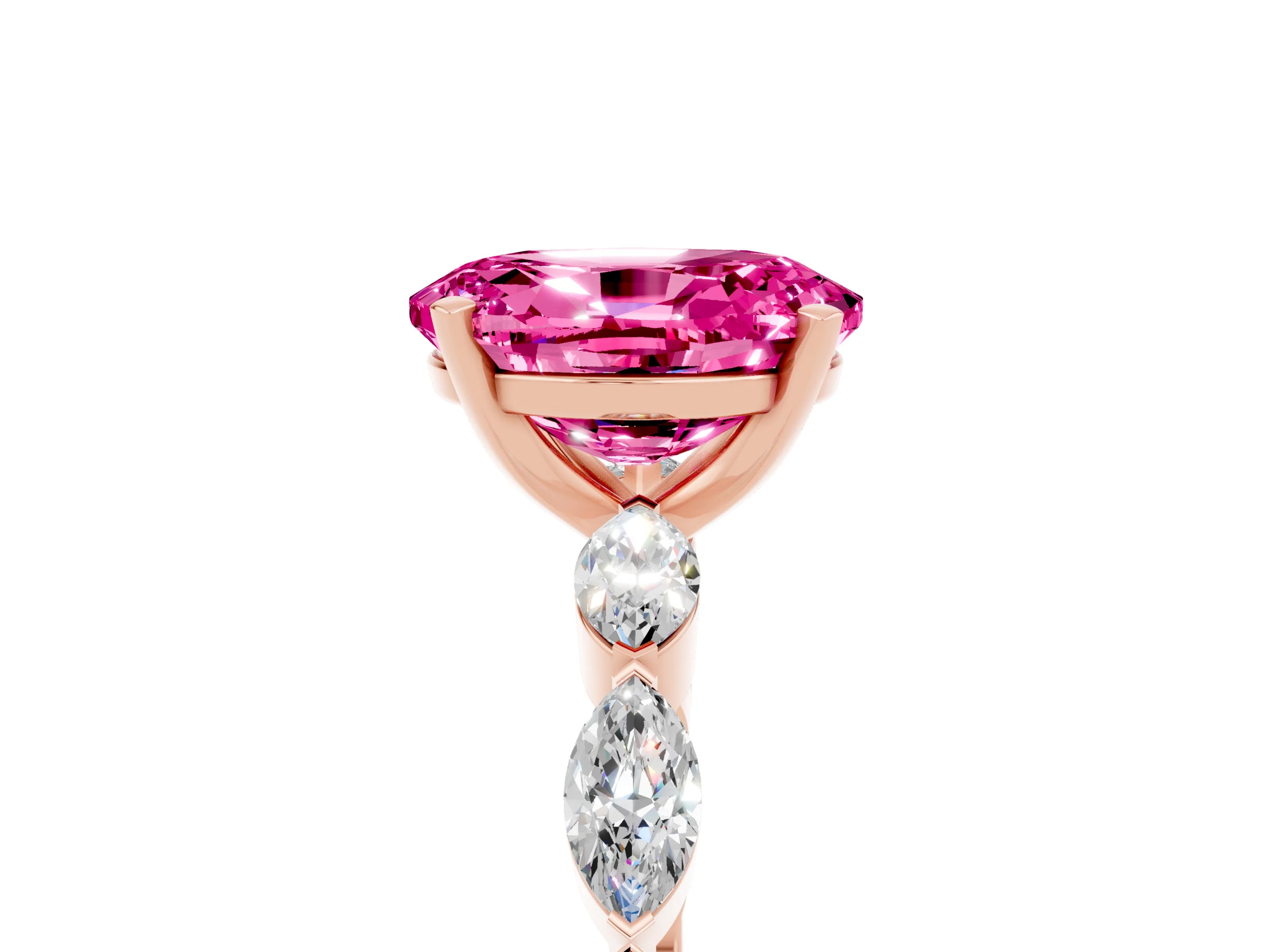 Rose gold Oval Cut Pink Sapphire Ring with Marquise Side Stones and Prong Setting_17
