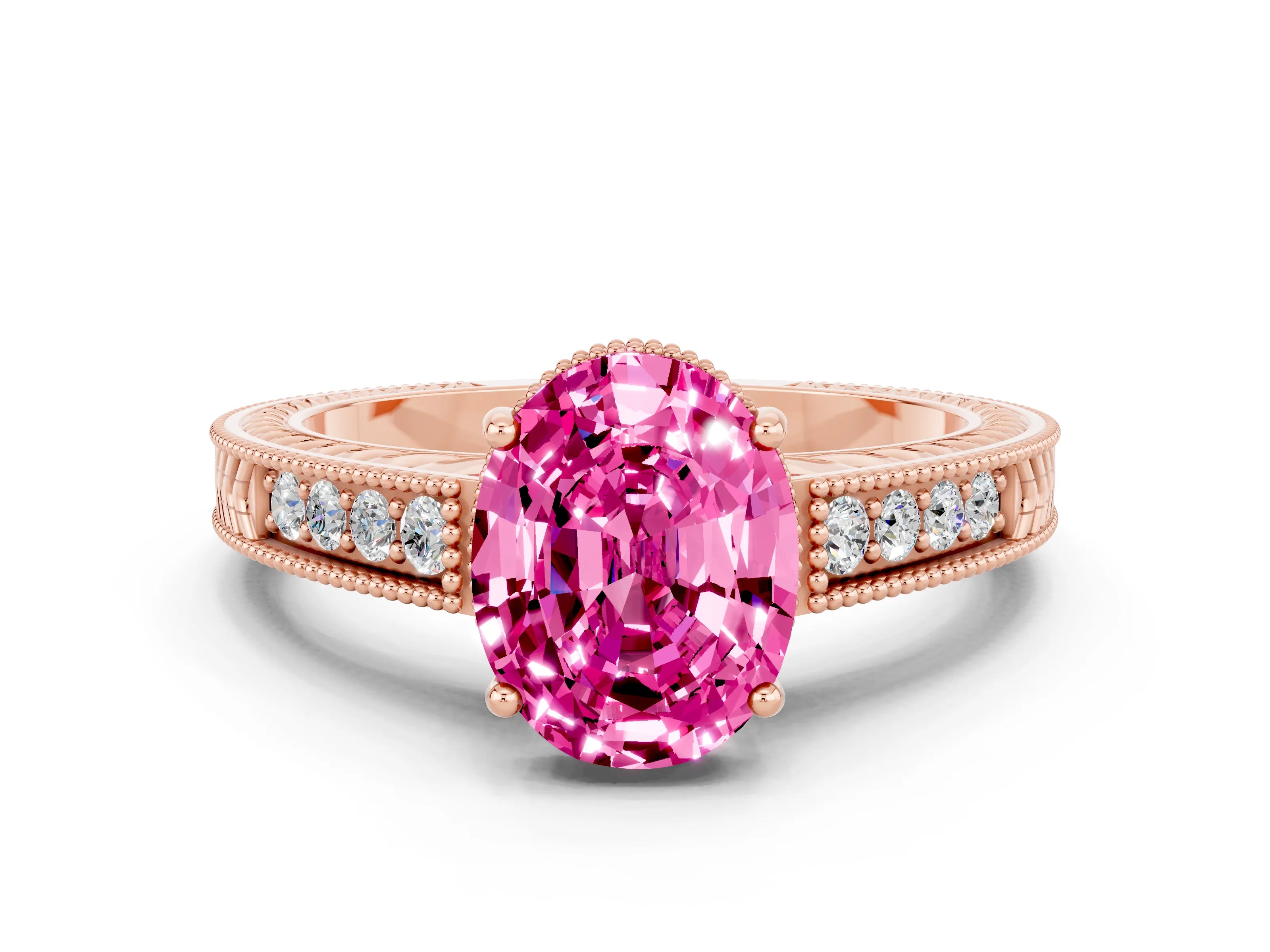 Rose gold Oval Cut Pink Sapphire Ring with Milgrain Pavé Band and Four-Prong Setting_36