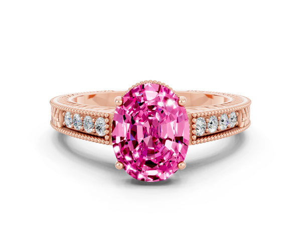Rose gold Oval Cut Pink Sapphire Ring with Milgrain Pavé Band and Four-Prong Setting