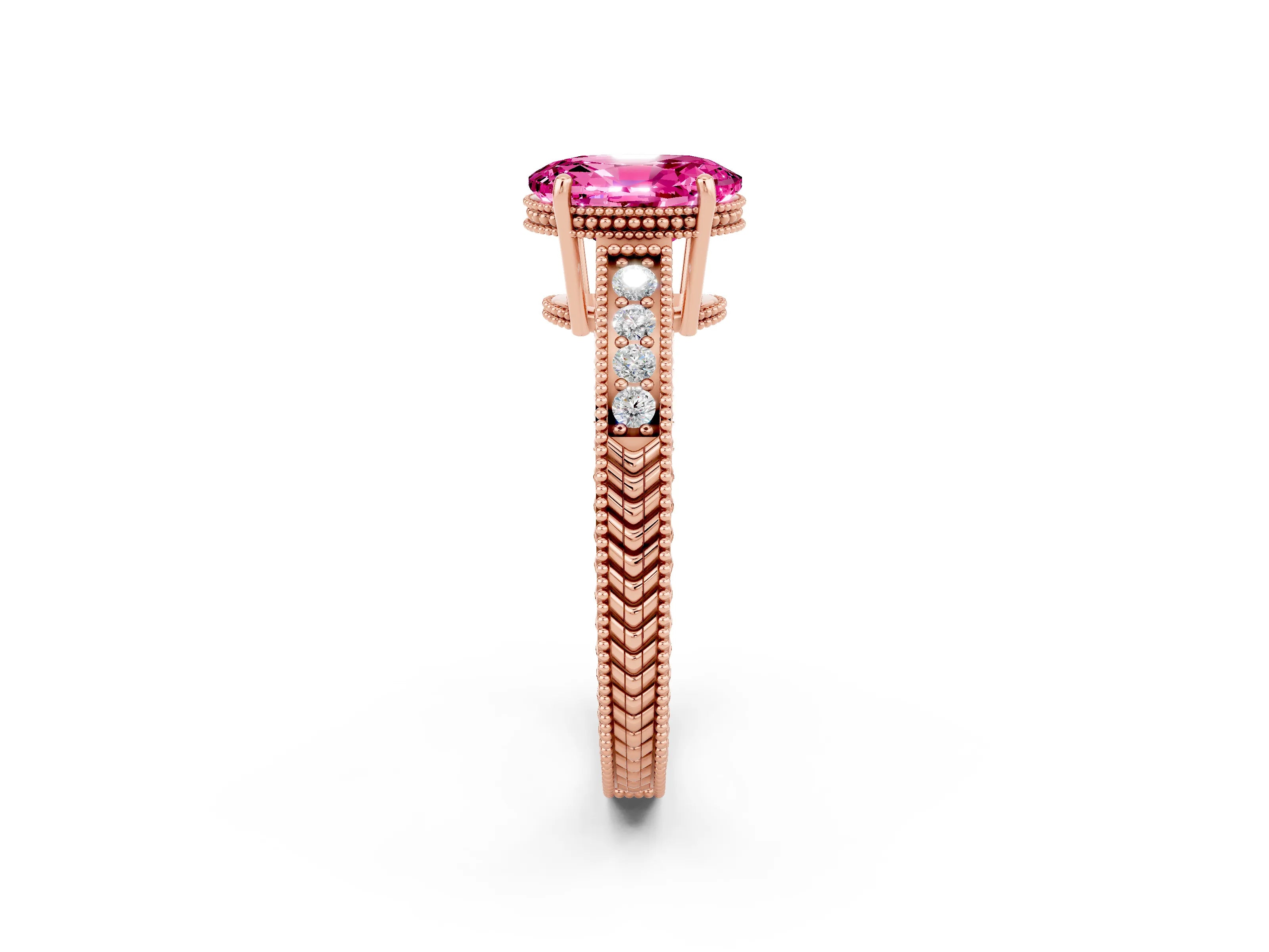 Rose gold Oval Cut Pink Sapphire Ring with Milgrain Pavé Band and Four-Prong Setting_38