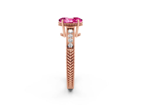 Rose gold Oval Cut Pink Sapphire Ring with Milgrain Pavé Band and Four-Prong Setting_38