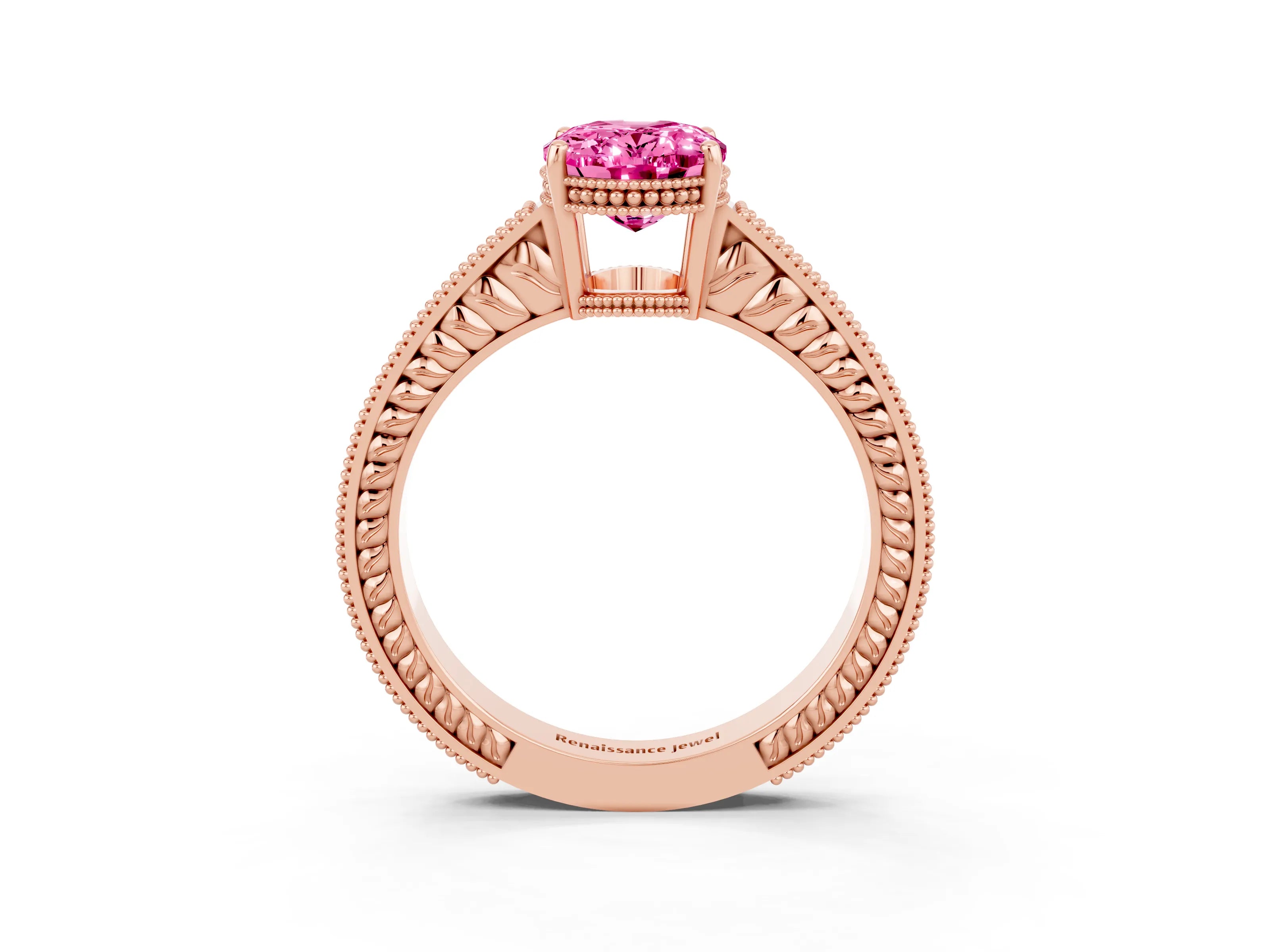 Rose gold Oval Cut Pink Sapphire Ring with Milgrain Pavé Band and Four-Prong Setting_39