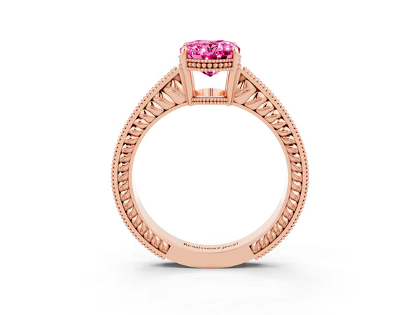 Rose gold Oval Cut Pink Sapphire Ring with Milgrain Pavé Band and Four-Prong Setting