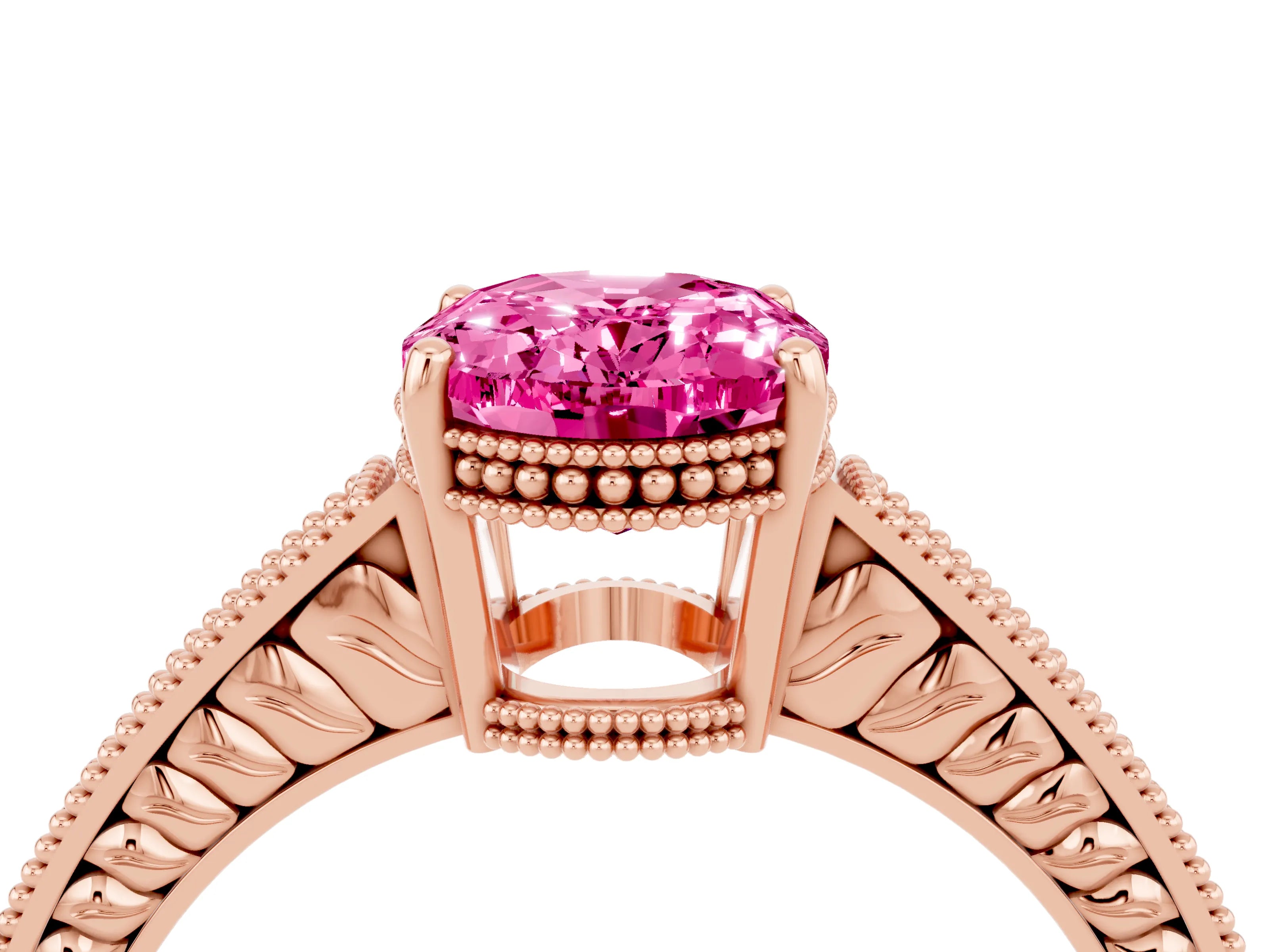 Rose gold Oval Cut Pink Sapphire Ring with Milgrain Pavé Band and Four-Prong Setting_40