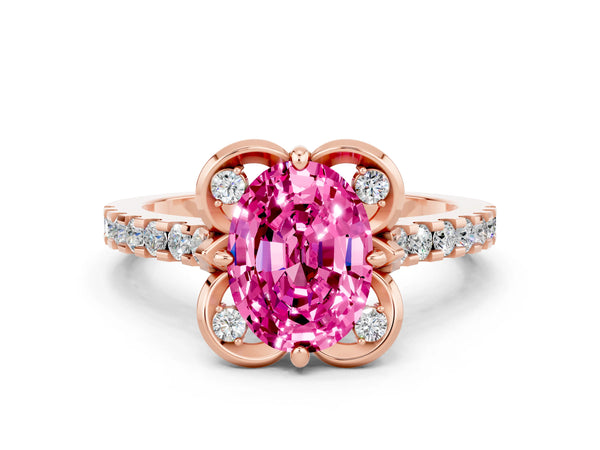 Rose gold Oval Cut Pink Sapphire Ring with Pavé Band and Floral Prong Setting