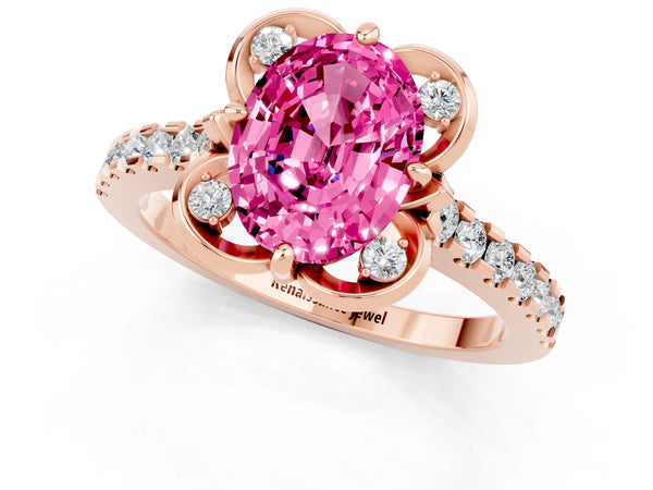 Rose gold Oval Cut Pink Sapphire Ring with Pavé Band and Floral Prong Setting