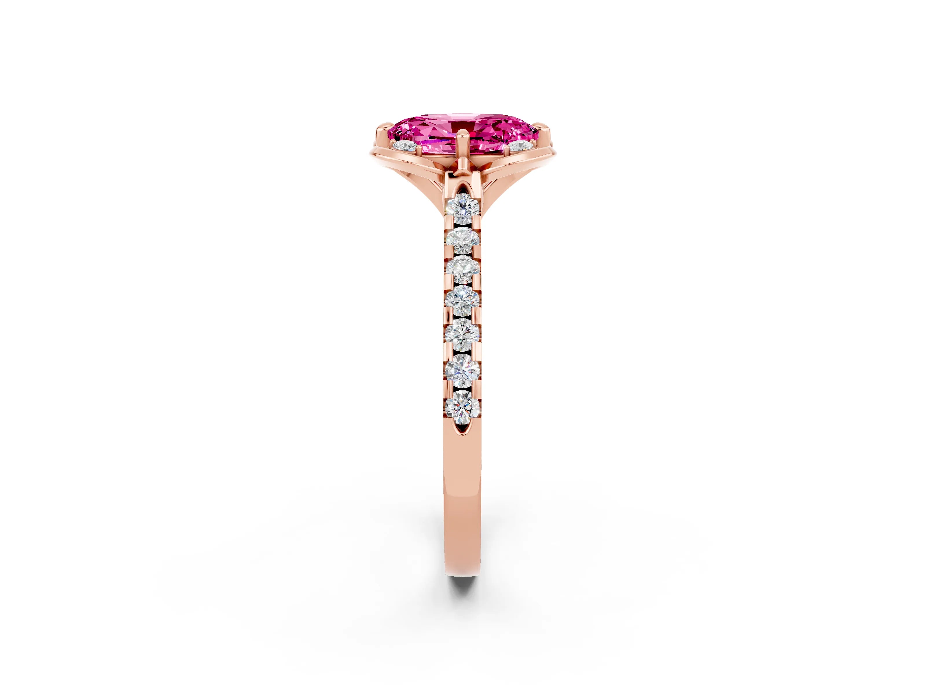 Rose gold Oval Cut Pink Sapphire Ring with Pavé Band and Floral Prong Setting_2
