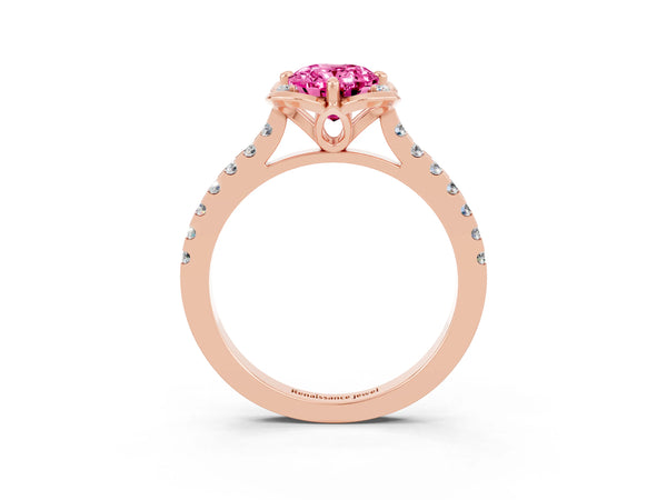 Rose gold Oval Cut Pink Sapphire Ring with Pavé Band and Floral Prong Setting