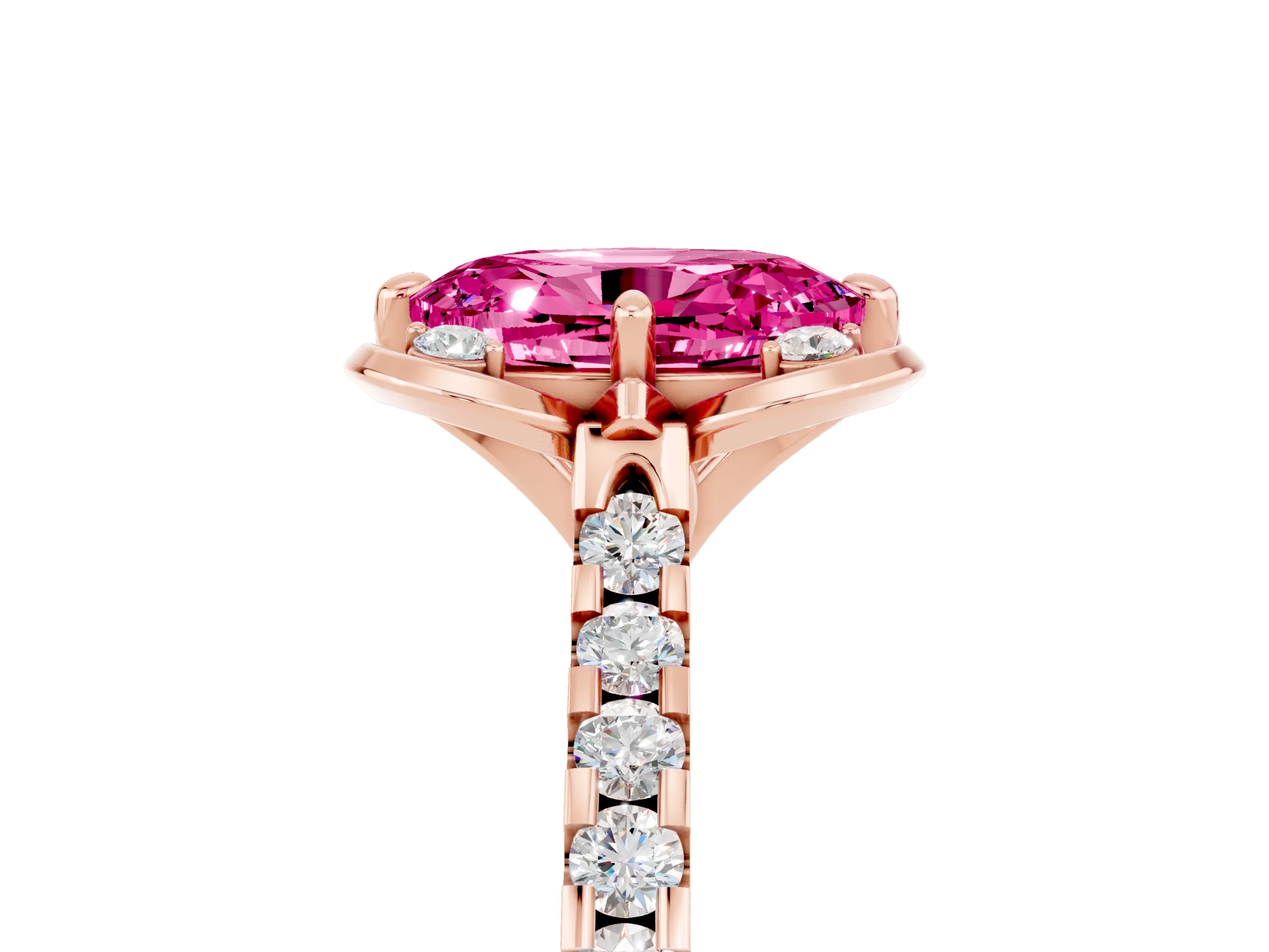 Rose gold Oval Cut Pink Sapphire Ring with Pavé Band and Floral Prong Setting_5