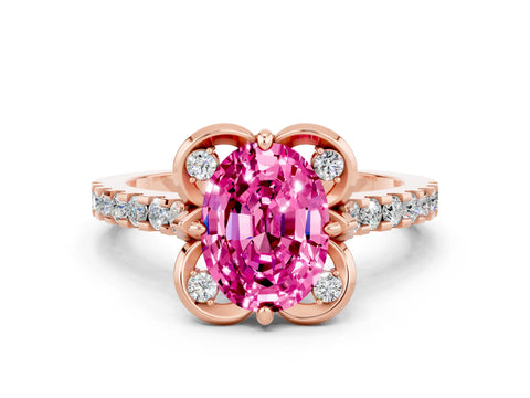Rose gold Oval Cut Pink Sapphire Ring with Pavé Band and Floral Prong Setting