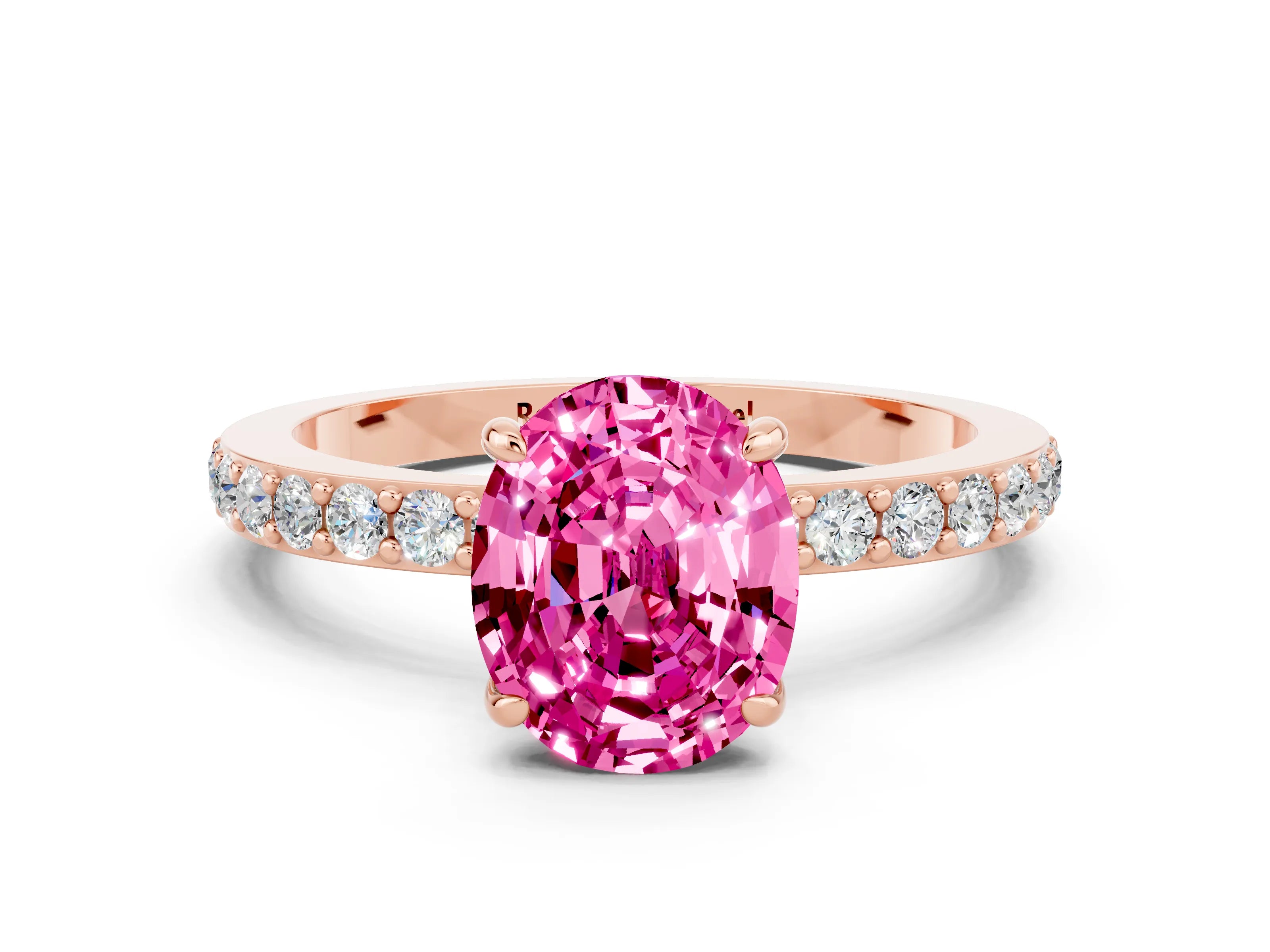 Rose gold Oval Cut Pink Sapphire Ring with Pavé Band and Four-Prong Setting_24