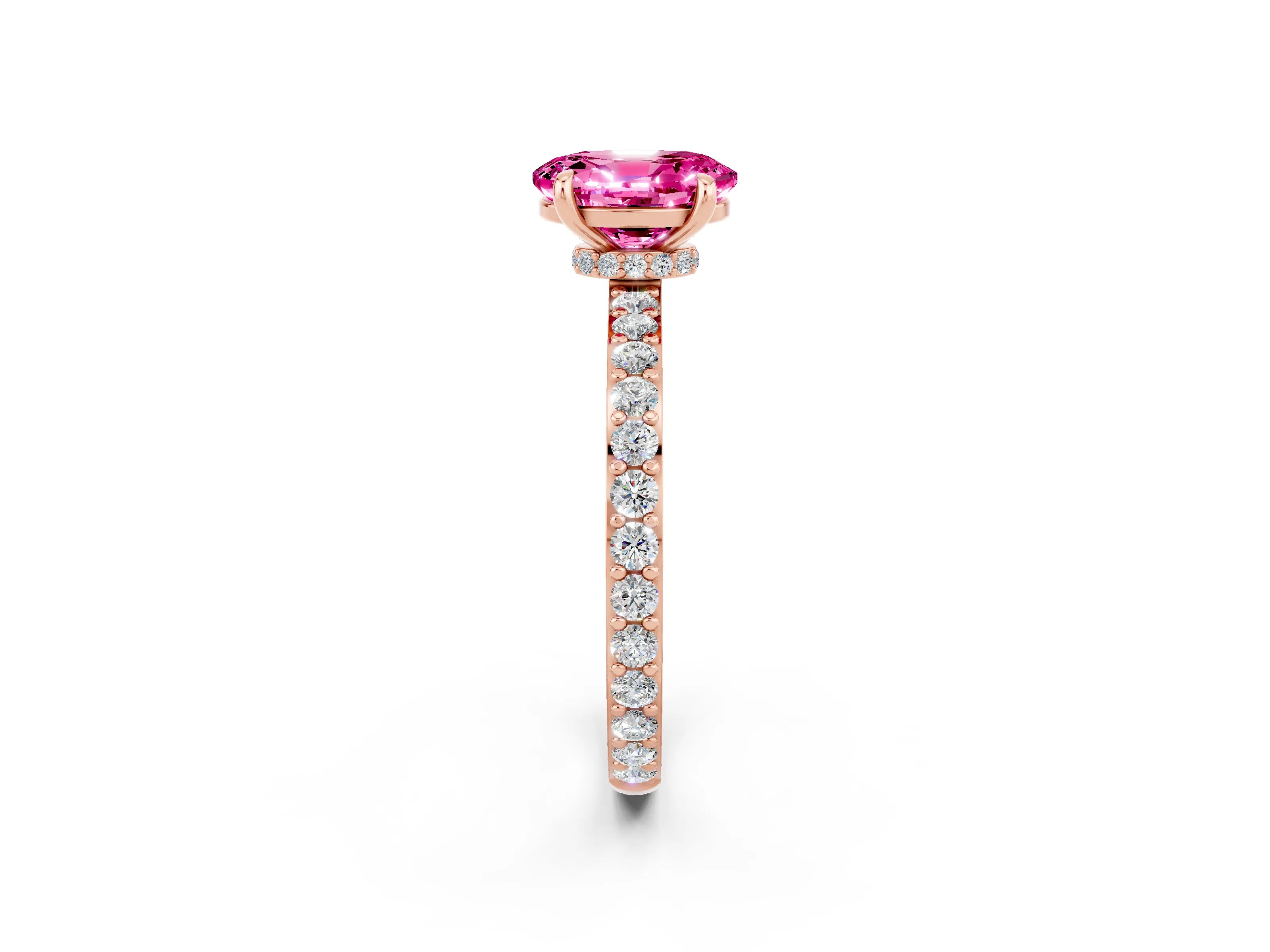 Rose gold Oval Cut Pink Sapphire Ring with Pavé Band and Four-Prong Setting_26