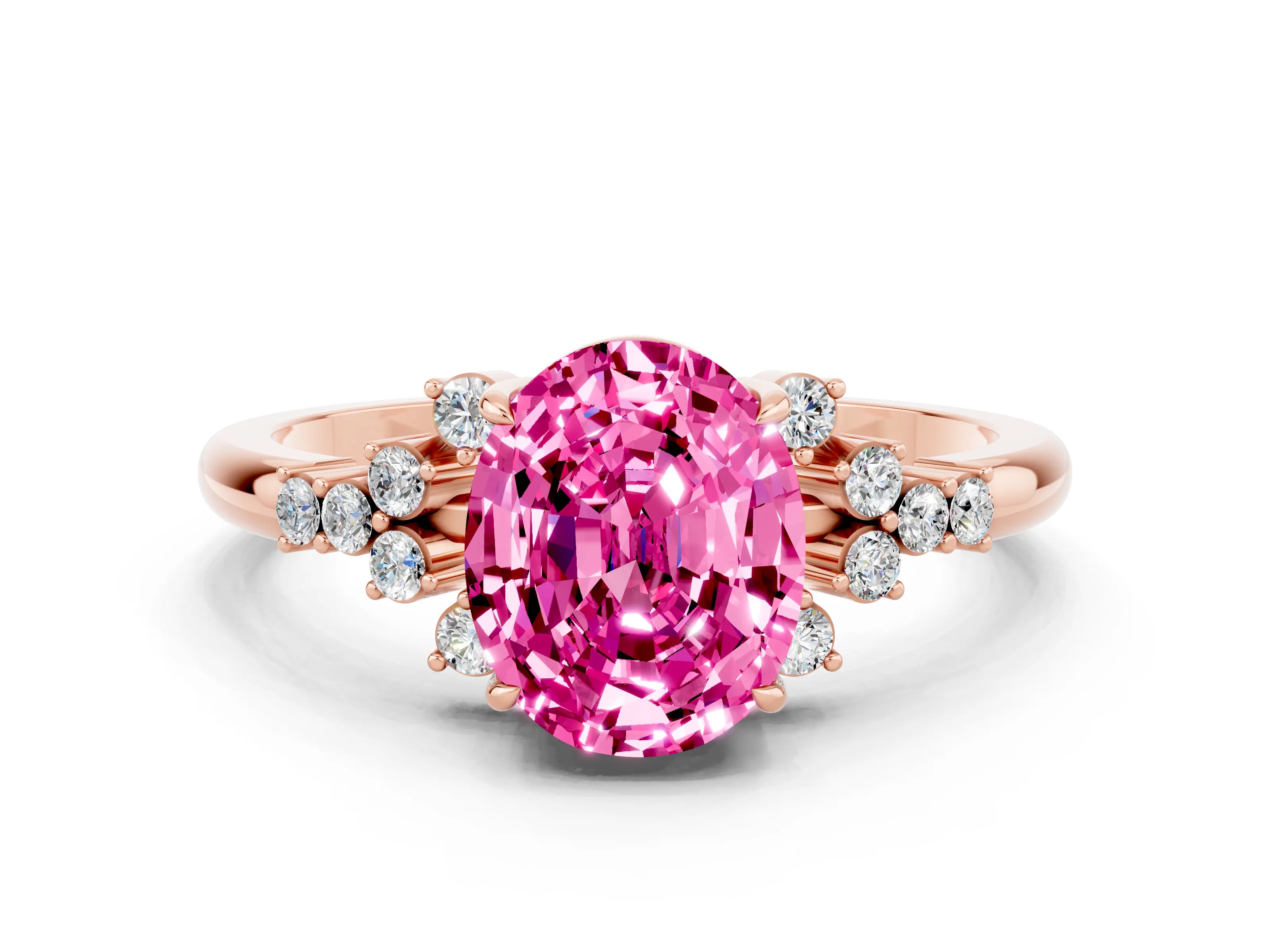 Rose gold Oval Cut Pink Sapphire Ring with Side Stones and Four-Prong Setting_84