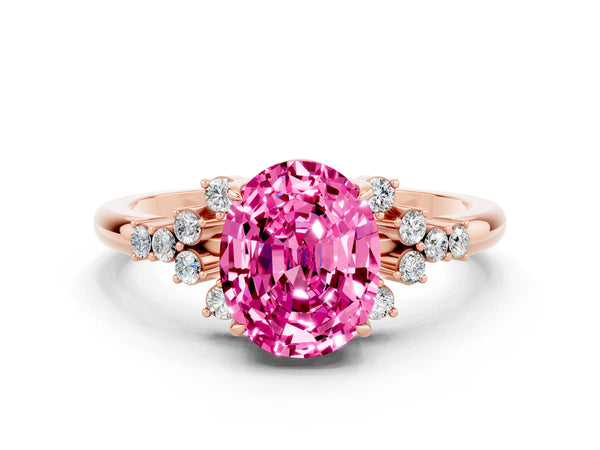 Rose gold Oval Cut Pink Sapphire Ring with Side Stones and Four-Prong Setting