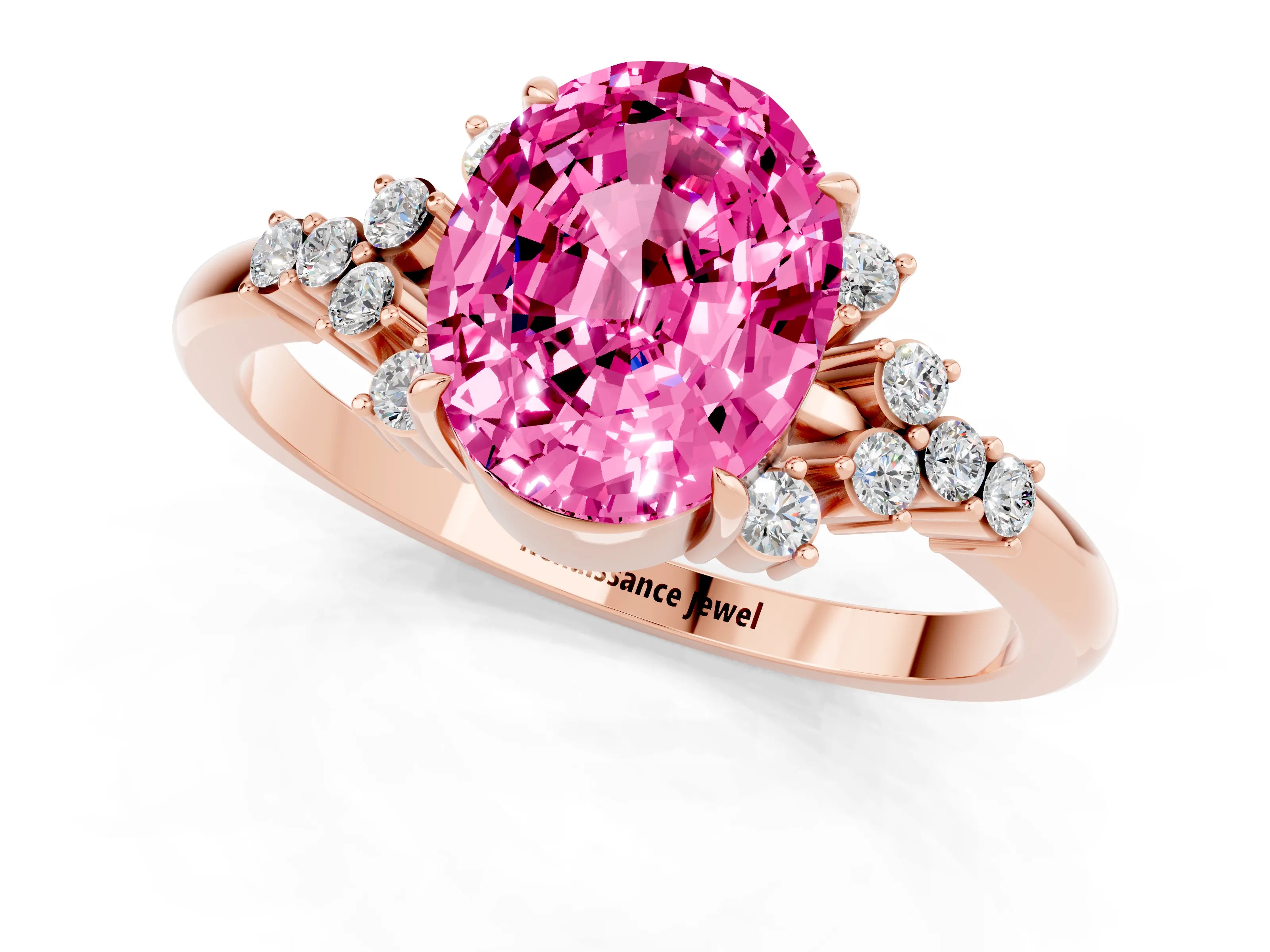 Rose gold Oval Cut Pink Sapphire Ring with Side Stones and Four-Prong Setting_85