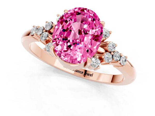 Rose gold Oval Cut Pink Sapphire Ring with Side Stones and Four-Prong Setting