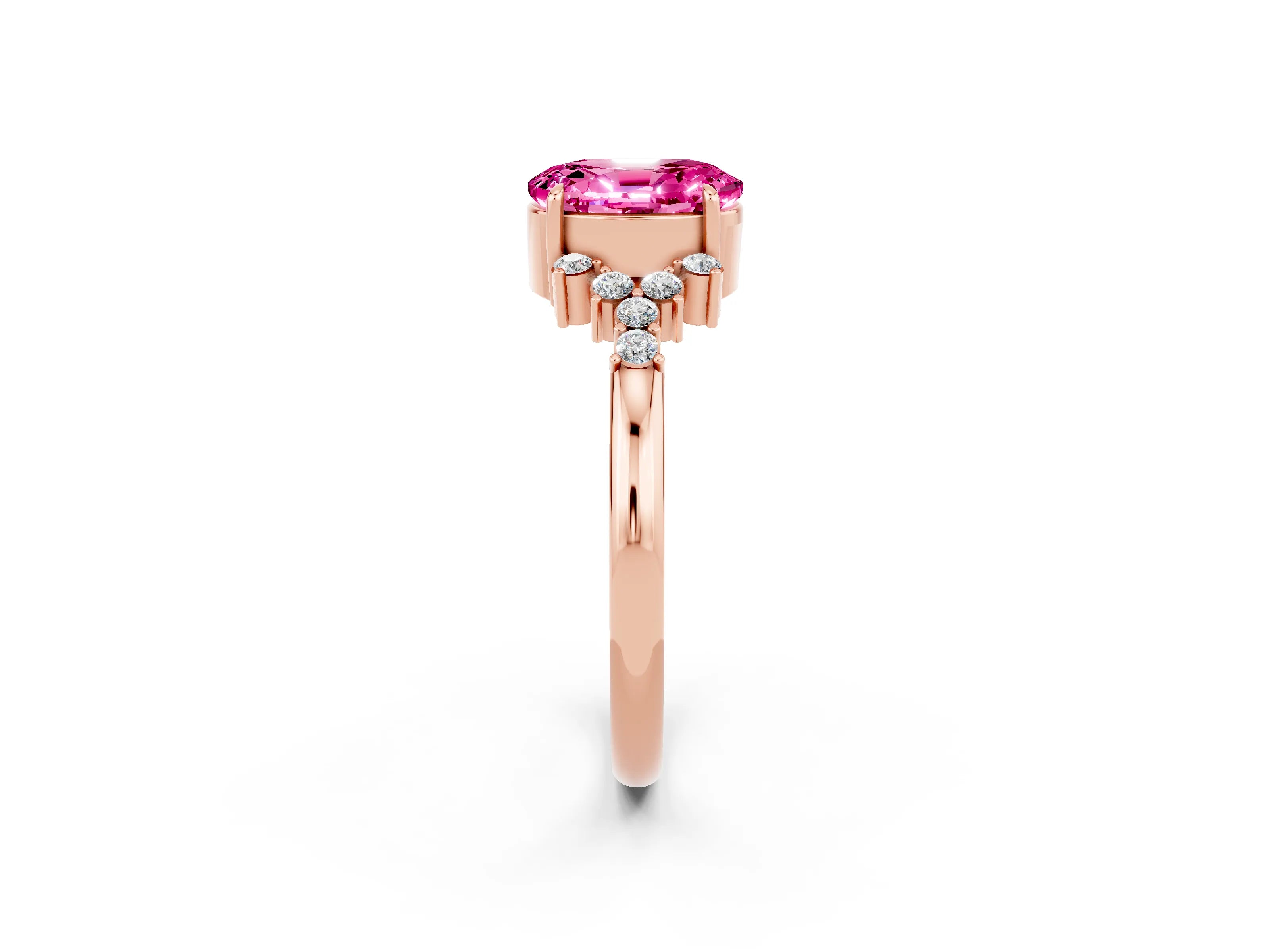 Rose gold Oval Cut Pink Sapphire Ring with Side Stones and Four-Prong Setting_86