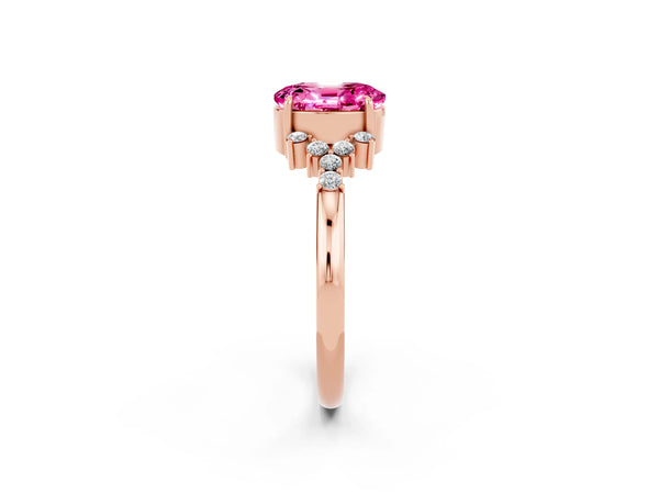 Rose gold Oval Cut Pink Sapphire Ring with Side Stones and Four-Prong Setting