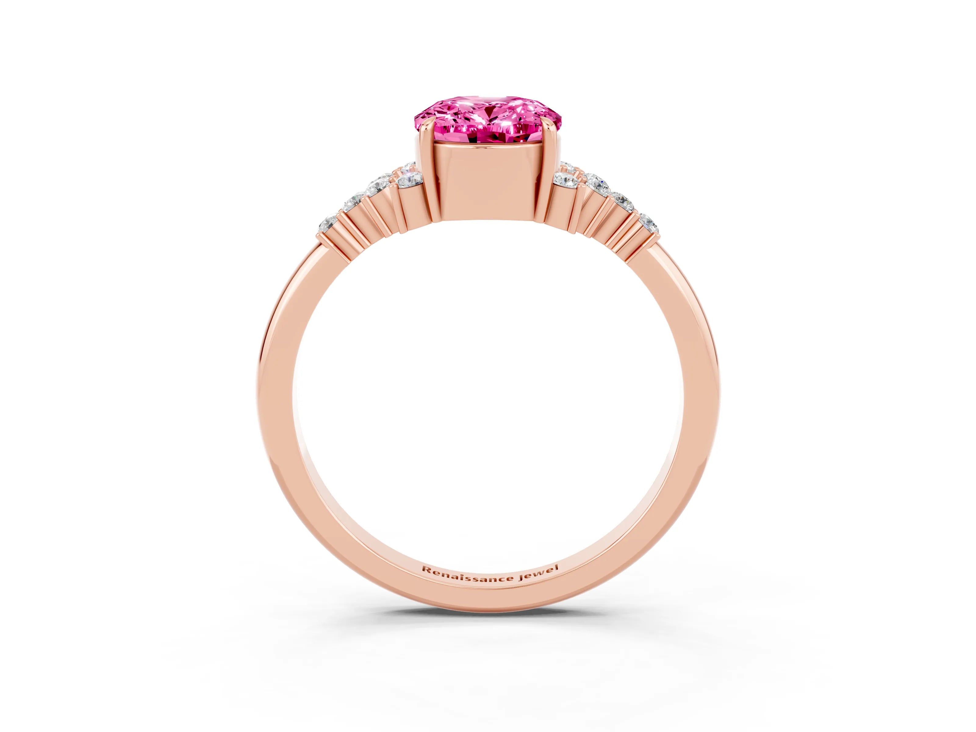 Rose gold Oval Cut Pink Sapphire Ring with Side Stones and Four-Prong Setting_87