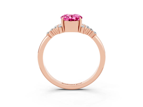 Rose gold Oval Cut Pink Sapphire Ring with Side Stones and Four-Prong Setting