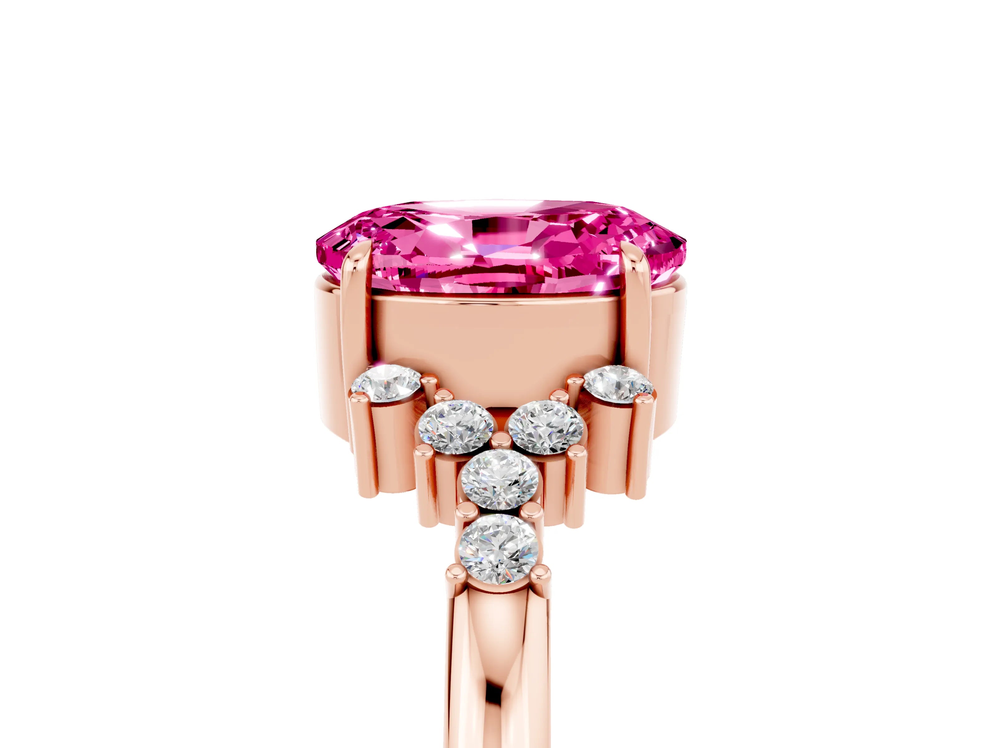 Rose gold Oval Cut Pink Sapphire Ring with Side Stones and Four-Prong Setting_89