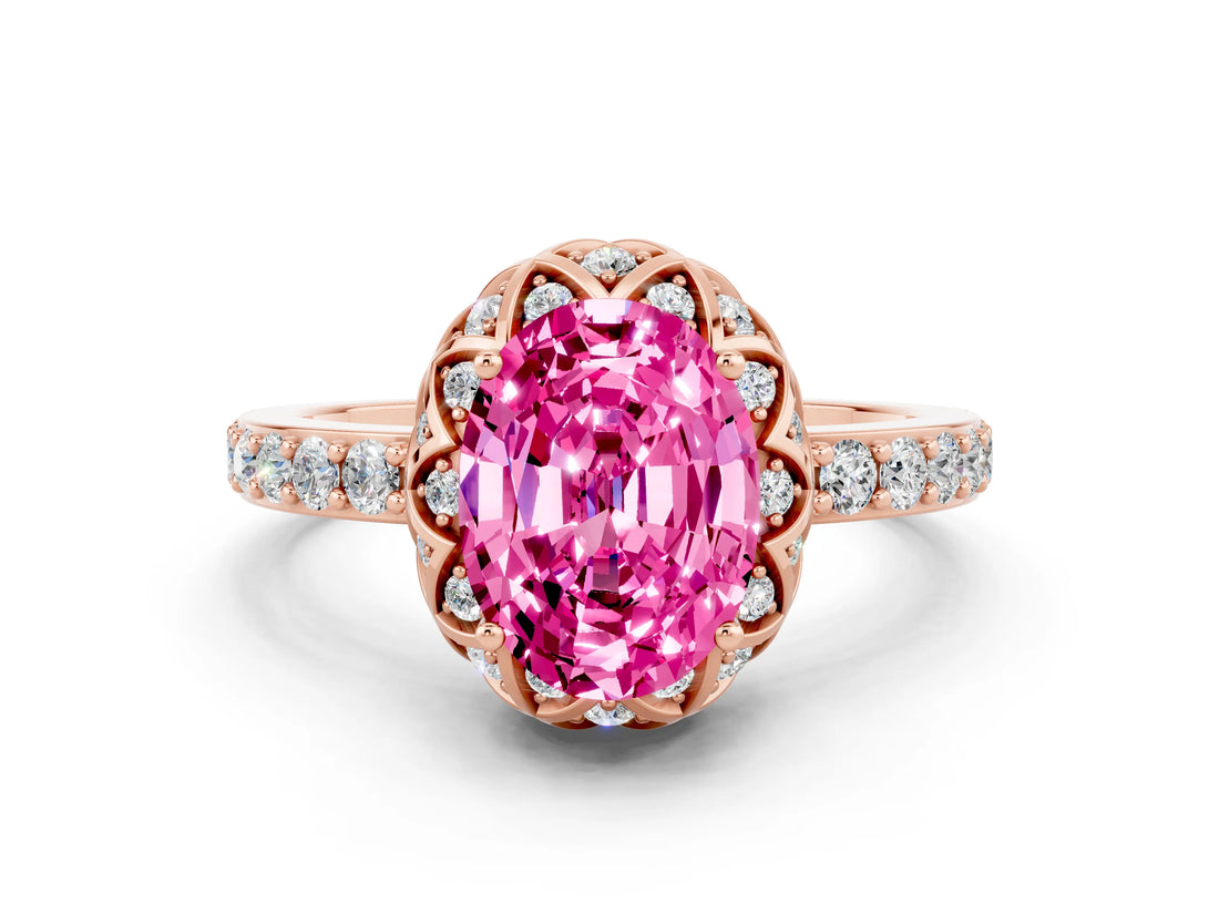 Rose gold Oval Cut Pink Sapphire Scalloped Halo Engagement Ring with Round Shared Prong Band_12
