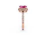 Rose gold Oval Cut Pink Sapphire Scalloped Halo Engagement Ring with Round Shared Prong Band_14