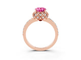 Rose gold Oval Cut Pink Sapphire Scalloped Halo Engagement Ring with Round Shared Prong Band_15