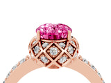 Rose gold Oval Cut Pink Sapphire Scalloped Halo Engagement Ring with Round Shared Prong Band_16