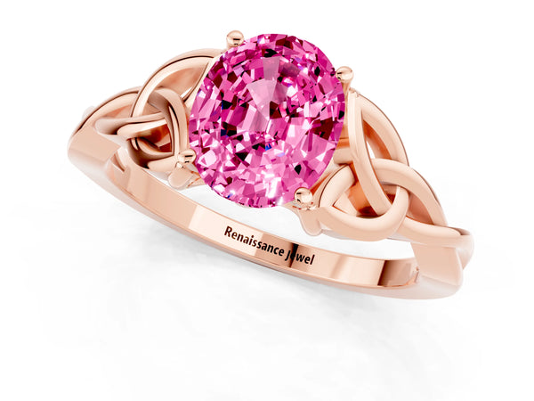 Rose gold Oval Cut Pink Sapphire Solitaire Celtic Knot Ring with Four-Prong Setting