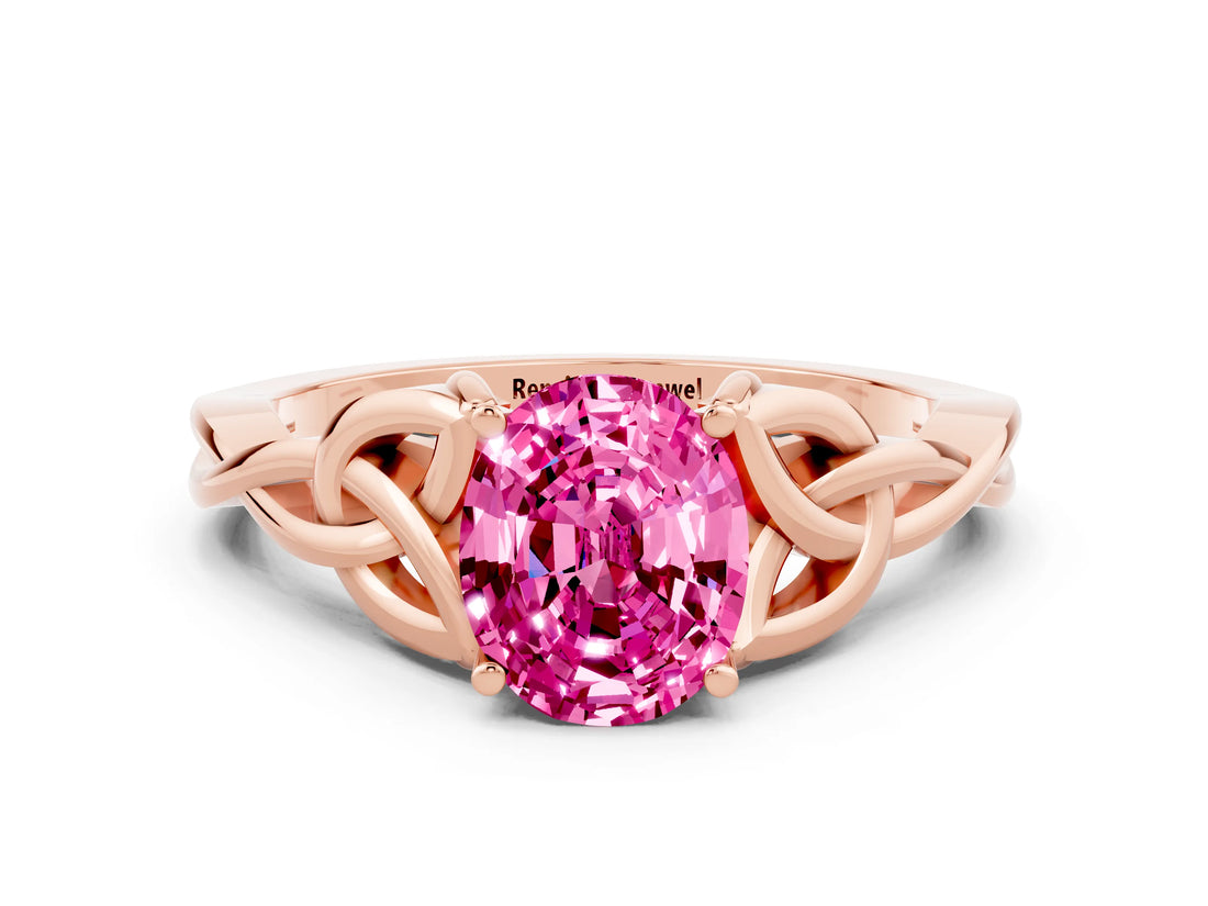 Rose gold Oval Cut Pink Sapphire Solitaire Engagement Ring with Celtic Knot Band and Four-Prong Setting_24