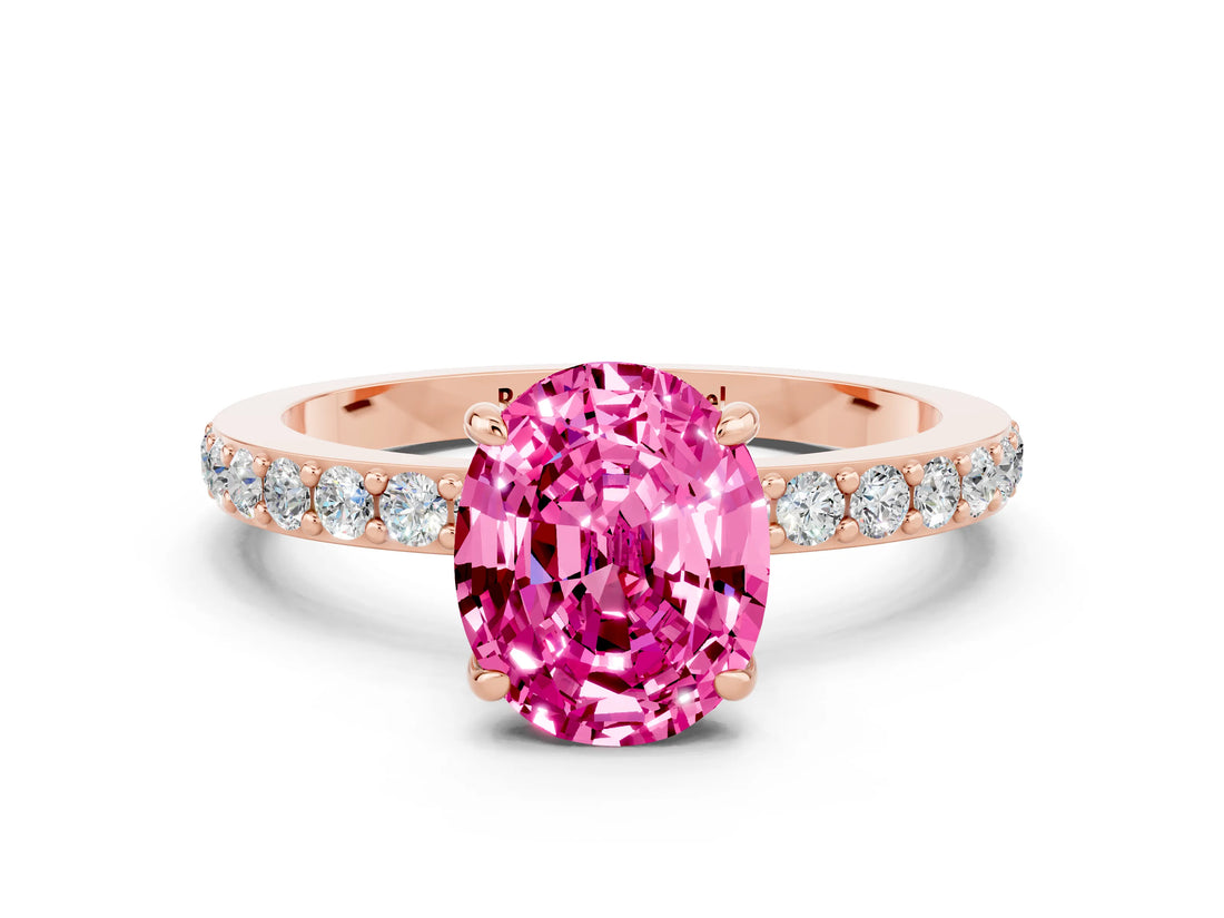 Rose gold Oval Cut Pink Sapphire Solitaire Engagement Ring with Pavé Band and Four-Prong Setting_36